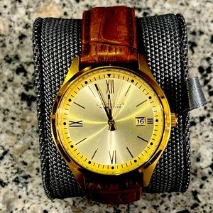 Caravelle Three Hand Golden Watch w/ Crocodile Embossed Leather